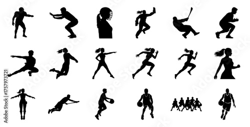 Athletes in action on white background silhouette sports