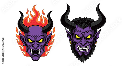 Two stylized devil heads, one engulfed in flames, the other with hair and earrings, both with horns and menacing expressions.