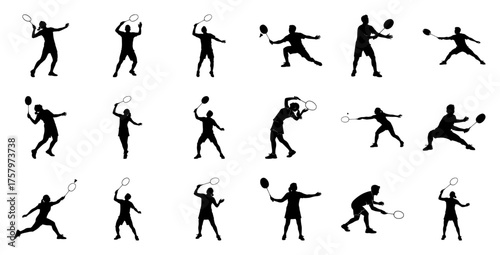 Badminton players in action silhouettes sport