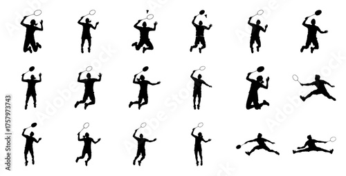 Badminton players in action silhouette jumping