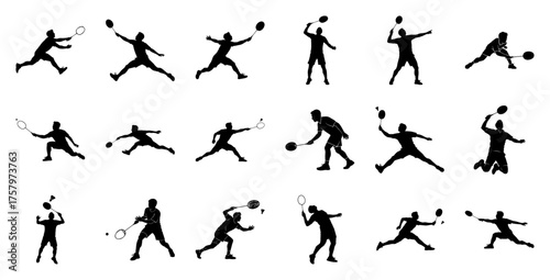 Badminton players in action silhouettes rackets