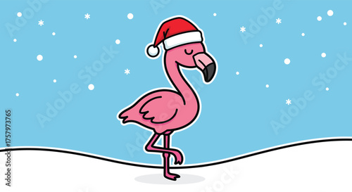 Pink flamingo wearing santa hat stands in snowy landscape, celebrating christmas with festive cheer and whimsical holiday spirit.