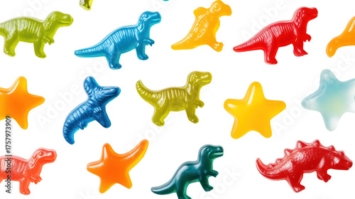 Assortment of colorful gummy dinosaurs and stars isolated on transparent background