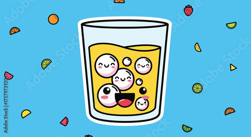 Cute glass of orange juice with smiling bubbles floating on a blue backdrop, radiating cheerful and refreshing vibes.