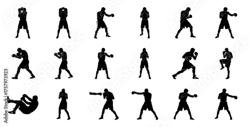 Boxing silhouettes in various poses fighter athlete