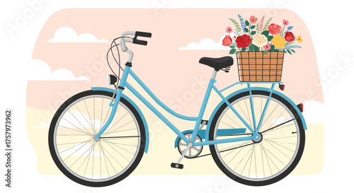 Charming blue bicycle with basket overflowing with vibrant flowers, perfect for spring designs or whimsical lifestyle content conveying joy and simple pleasures