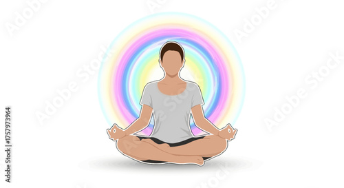 Woman meditating in lotus position with colorful aura, promotes relaxation and mindfulness for