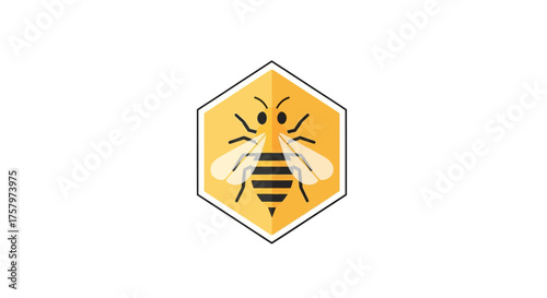 Illustration of a bee inside a honeycomb with a minimalist design on white background