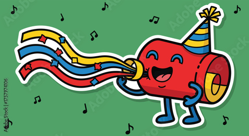 Cartoon party popper blows colorful streamers surrounded by musical notes on green backdrop, creating a festive and celebratory atmosphere.