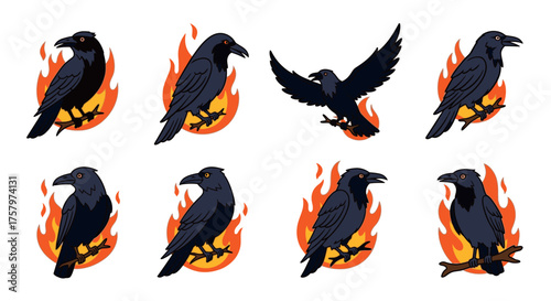 Collection of stylized black crows in various poses with flames around them.