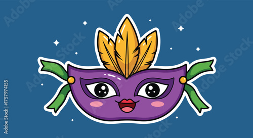 Cute purple mardi gras mask with feathers smiling happily against a blue backdrop, celebrating the festive carnival season with joy and excitement.