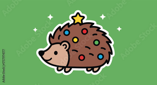 Festive hedgehog decorated with colorful ornaments celebrates christmas on a green surface with sparkling stars, spreading holiday cheer and joy.