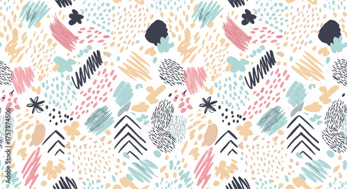 A playful and whimsical abstract pattern with a hand-drawn feel featuring various doodles and scribbles in pastel colors.