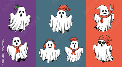 Cartoon ghosts wearing accessories such as hats, scarves and headphones, set against colorful backgrounds.