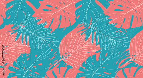 A vibrant tropical leaf pattern featuring coral pink and teal blue colors.