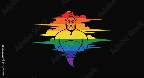 Bold Pride Genie with Rainbow Stripes on Black Background - Celebrate Diversity and Inclusion with this Vibrant Design for LGBTQ+ Events and Celebrations