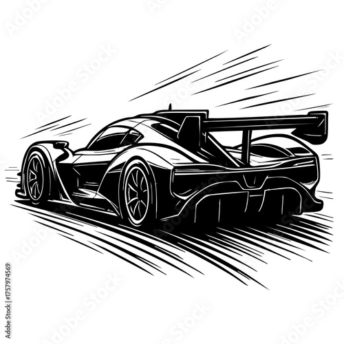 Monochrome drawing of a GTP hypercar on a racetrack, aerodynamic wing