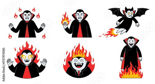 A set of cartoon vampire illustrations with various expressions and surrounded by flames.