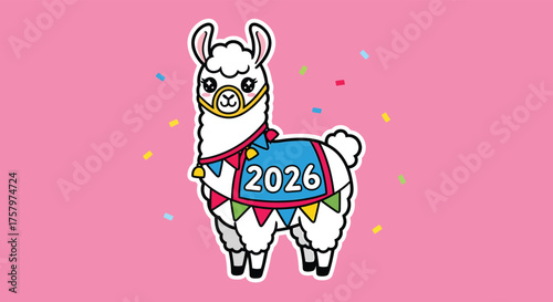Cute llama celebrates the year 2026 with colorful confetti on a bright pink backdrop, creating a festive and playful atmosphere.