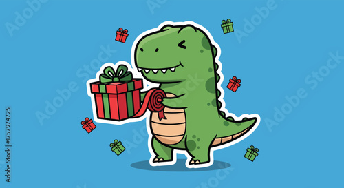 Happy dinosaur holding a wrapped gift box with a bow on a blue surface surrounded by small present boxes, celebrating the holiday season.