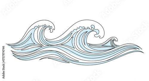 Stylized illustration of rolling ocean waves with a light blue and white color scheme and a distinct dashed line pattern.