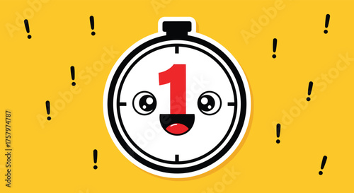 Cartoon stopwatch character displaying number one surrounded by exclamation marks on bright yellow backdrop conveys urgency and countdown theme.