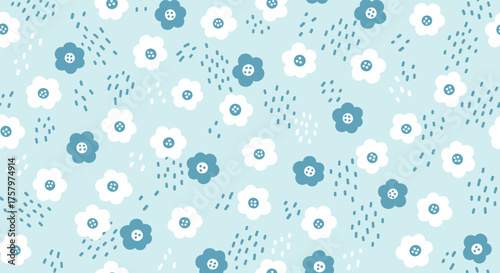 A whimsical repeating pattern of scattered daisies and abstract rain drops on a soft blue background.