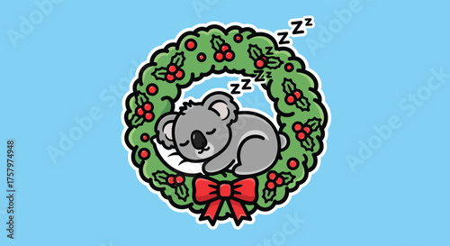 Sleeping koala bear rests peacefully on a pillow inside a christmas wreath with red berries and a bow on a light blue backdrop, exuding holiday cheer.
