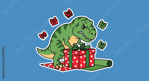 Grumpy dinosaur struggles to wrap christmas presents on a wrapping paper covered floor, expressing frustration and holiday stress.
