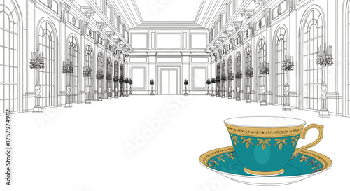 Elegant tea cup in grand ballroom setting offers a luxurious lifestyle moment, perfect for social events or refined afternoon tea, ideal for upscale branding