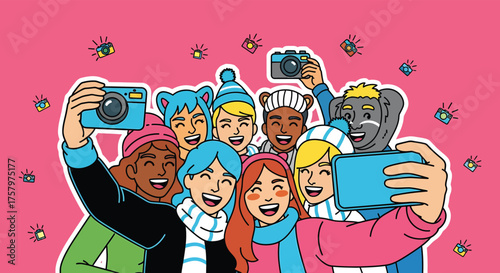 Diverse group of friends taking a selfie together with cameras and phones against a pink backdrop, capturing a moment of youthful joy and friendship.