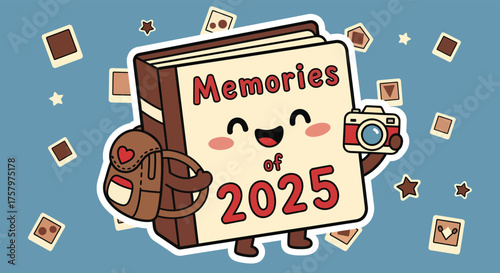 Cute scrapbook character holding camera and wearing backpack surrounded by photos, representing memories and travel adventures in a whimsical style.