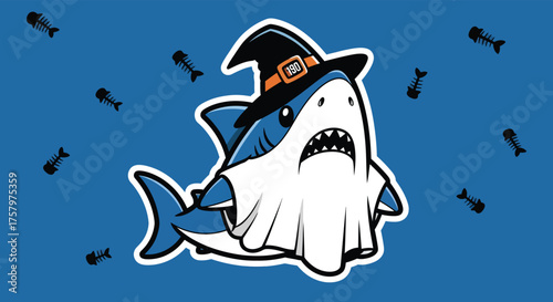 Cartoon shark dressed as a ghost for halloween swims amidst floating fish bones on a blue backdrop, creating a spooky and whimsical scene.