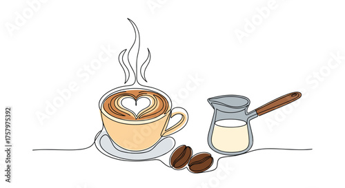 A steaming cup of coffee with latte art and a small jug of milk.