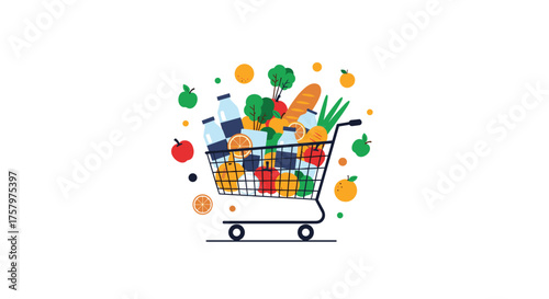 Fresh grocery shopping with colorful fruit and vegetables in trendy shopping cart, promoting healthy eating habits and vibrant lifestyle choices for families