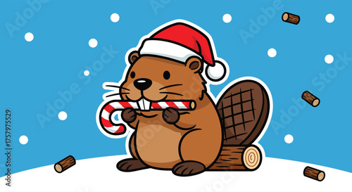 Cute beaver wearing santa hat holds candy cane in snowy winter wonderland, spreading holiday cheer with its adorable smile and festive attire.