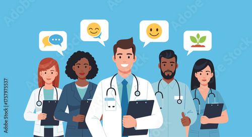 Diverse team of friendly doctors and nurses offering innovative healthcare solutions and compassionate care for a healthier, happier community atmosphere