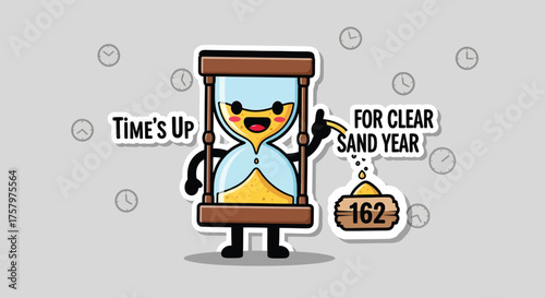 Cartoon hourglass character smiles cheerfully as sand runs out, symbolizing the end of a clear sand year, creating a whimsical and lighthearted mood.