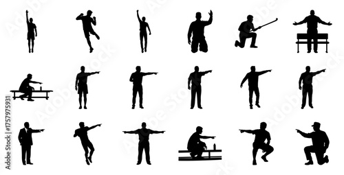 Silhouettes of athletes and men in various poses people