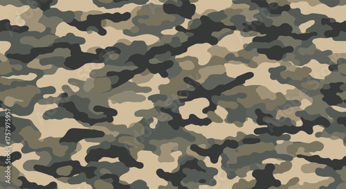 A close up of a camouflage pattern with brown green and black shapes.