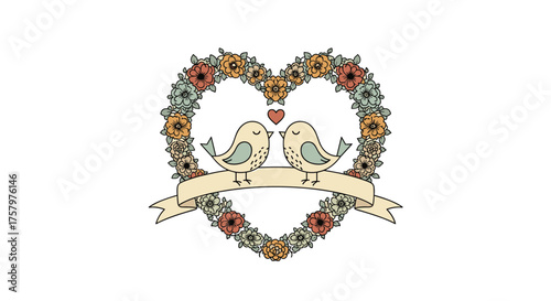 A charming illustration of two lovebirds perched on a banner within a heart-shaped floral wreath.