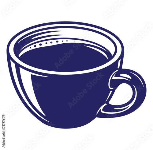 Stylized blue coffee cup with steam bubbles representing freshly brewed coffee