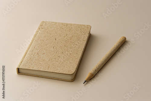 Recycled straw fiber notebook and eco pencil stationery mockup on elegant matte white surface