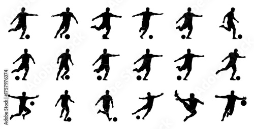 Soccer players kicking and jumping with ball football