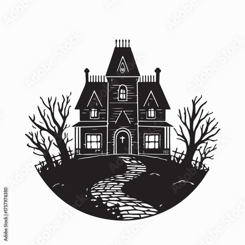Creepy Majestic Haunted House Silhouette Vector on white background