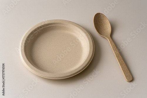 Eco tableware mockup made from bagasse and rice husk materials on soft white background