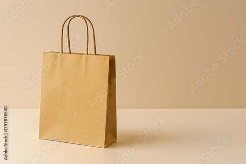 Recycled paper shopping bag mockup with blank label for eco branding on white studio background