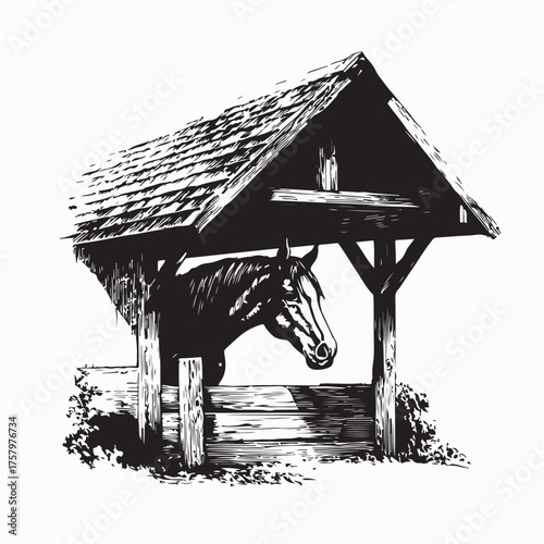 Horse Under Shade in Wooden Barn Vector isolated on white background