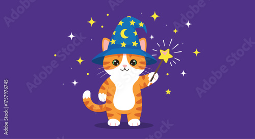 Adorable orange tabby cat conjuring magic with a star wand wearing a whimsical wizard hat perfect for children's books, playful designs, and educational materials