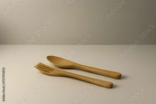 Eco bamboo fork and spoon mockup on modern clean white studio background